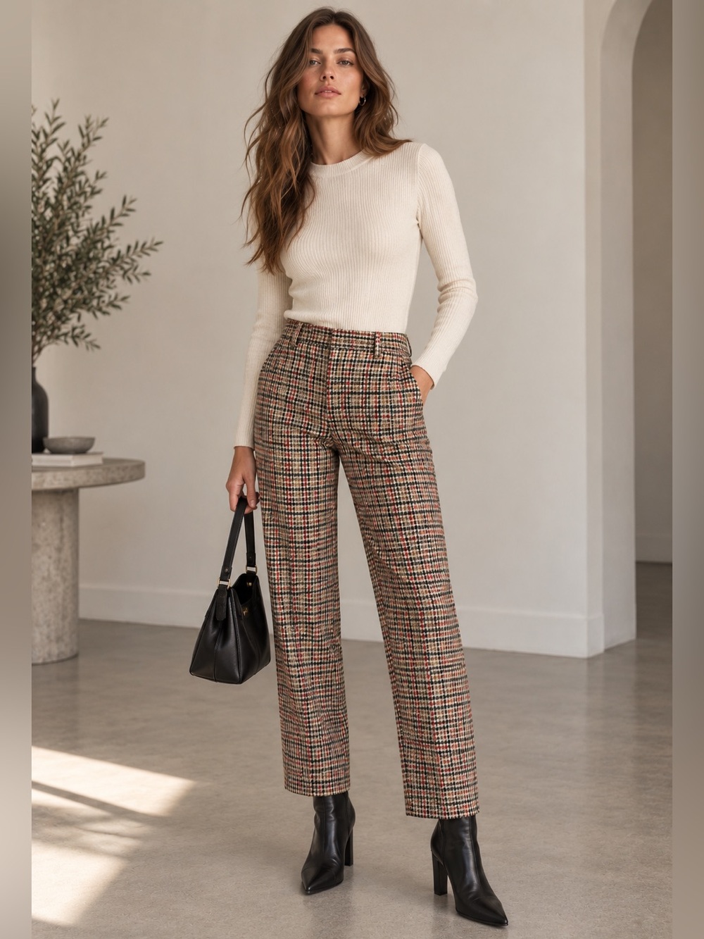 ZARA Plaid Straight Leg Trousers Taupe Red Black Size M NWOT
